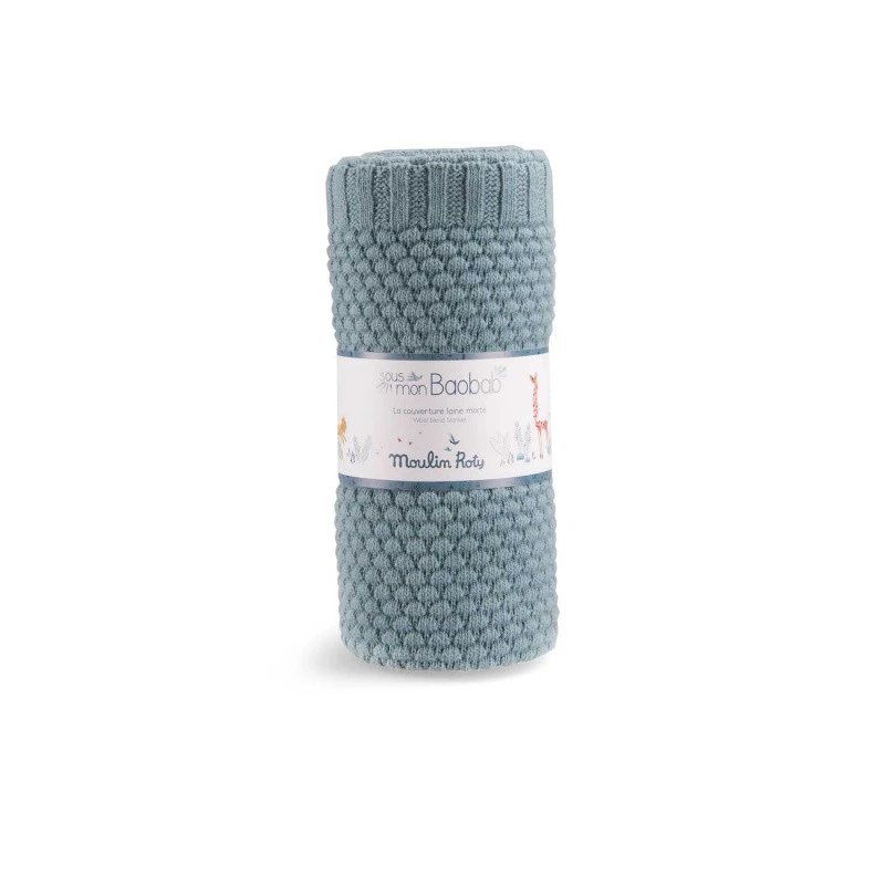 Couverture En Laine Mixte Bleue MOULIN ROTY Sous Mon Baobab 5 Couverture En Laine Mixte Bleue MOULIN ROTY Sous Mon Baobab – Image 3